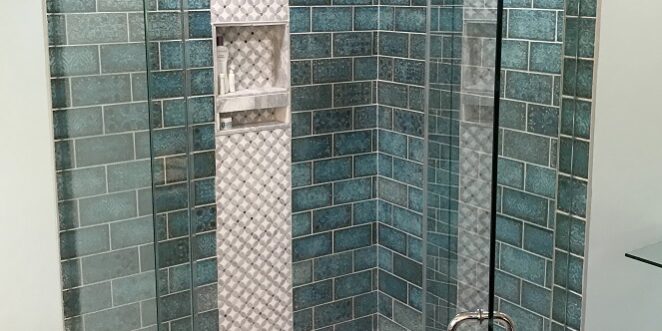 Neo angle shower door unit with aquamarine tile