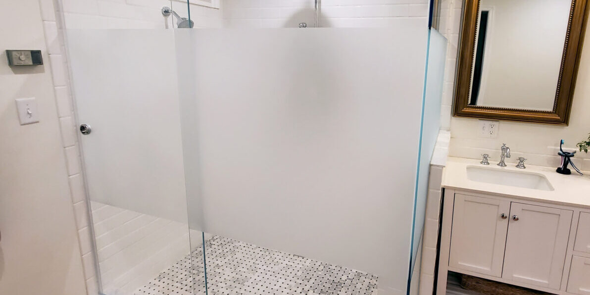 Serenity shower door with sandblasted section for privacy