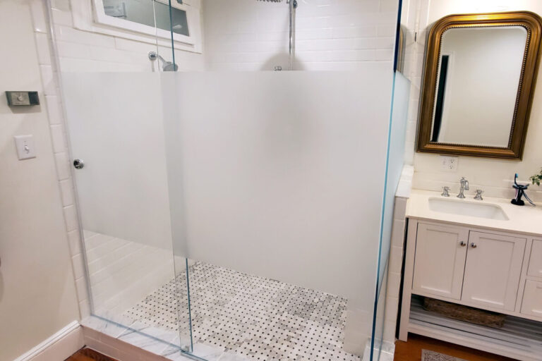 Serenity shower door with sandblasted section for privacy