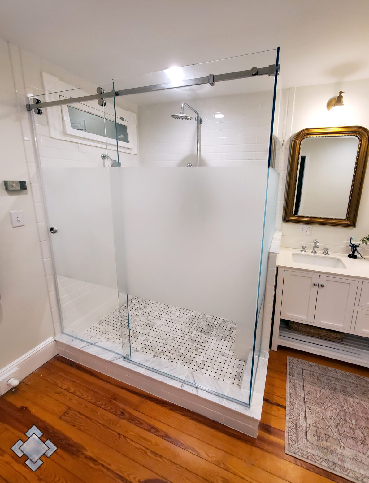 Serenity shower door with sandblasted section for privacy