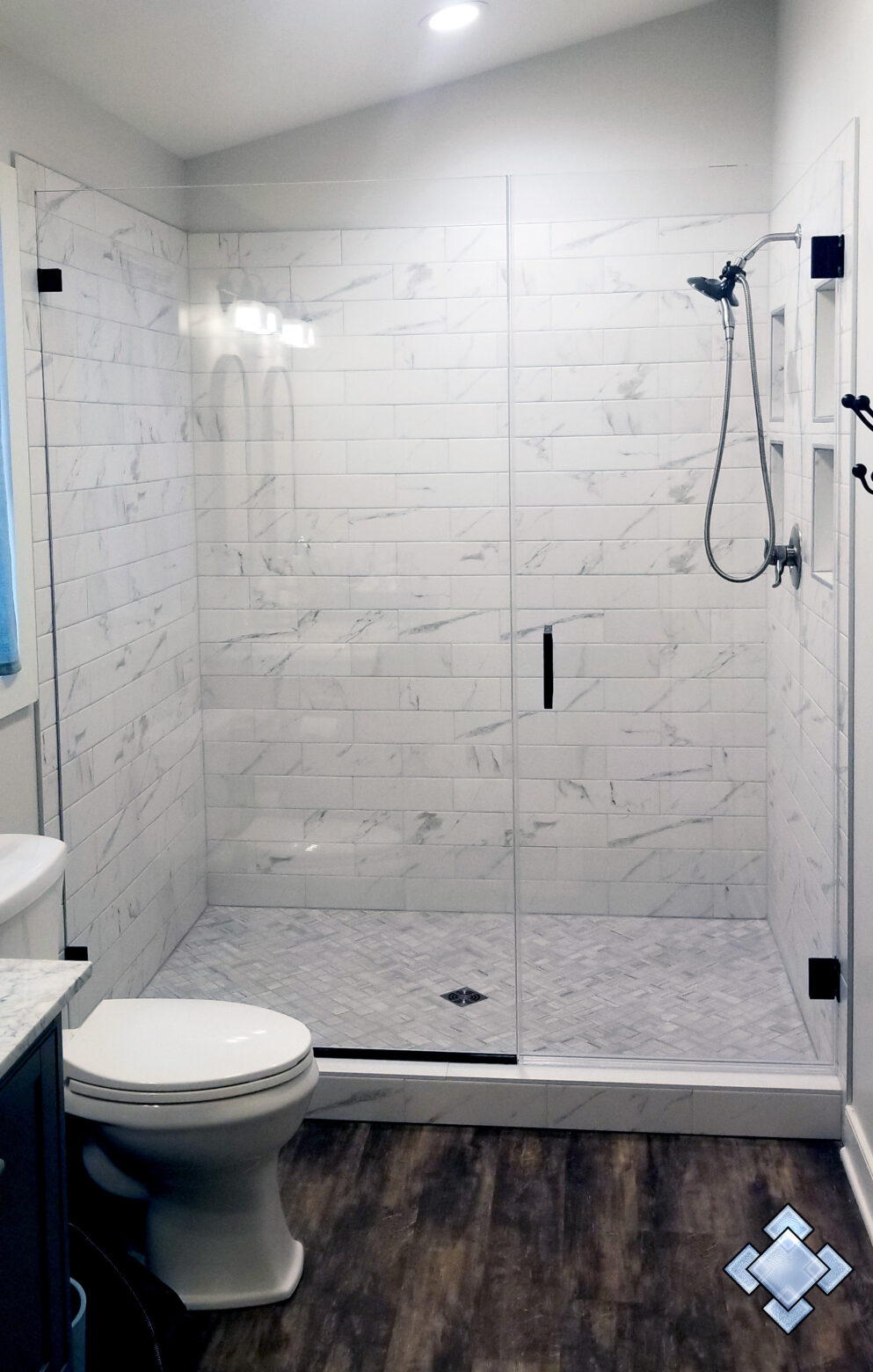 Minimalist shower door in Harpers Ferry West Virginia