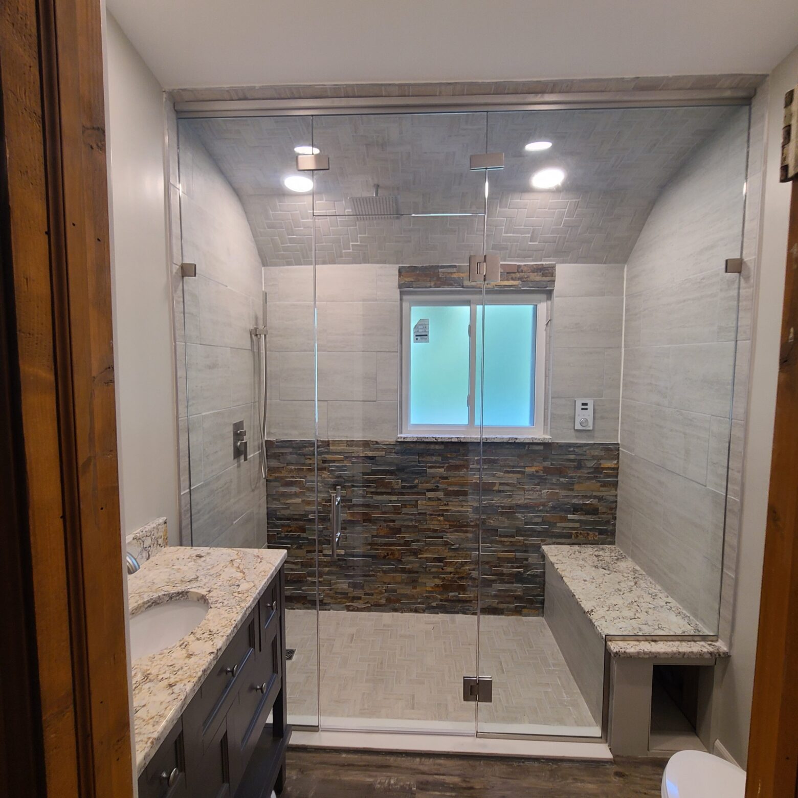 Corner Shower with Window Seat - Transitional - Bathroom