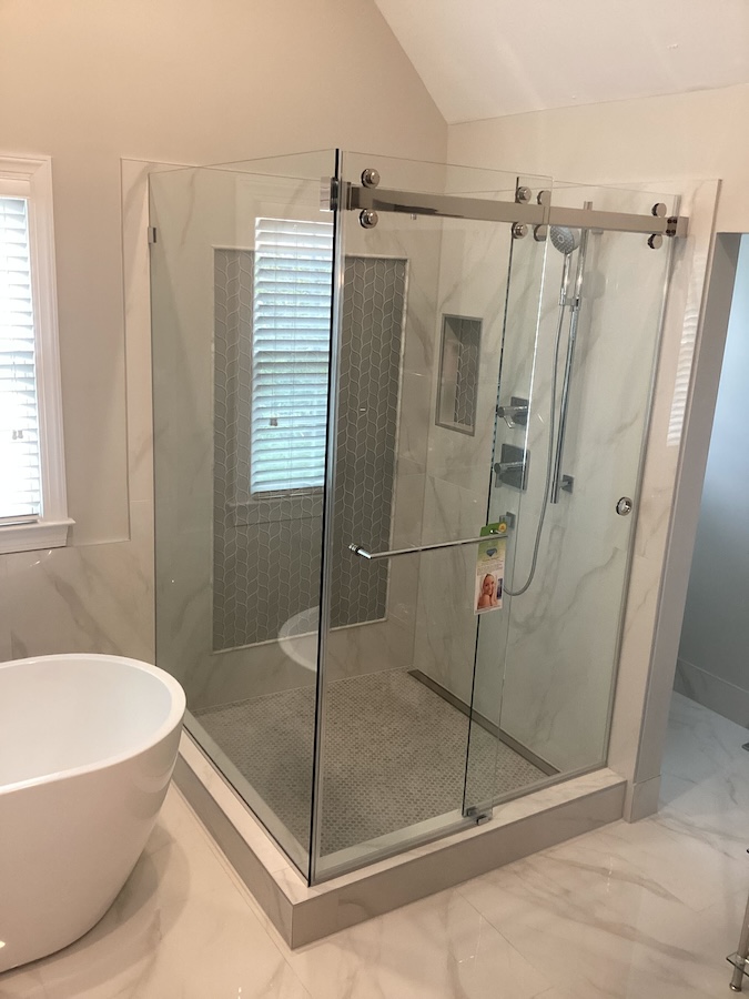 cambridge double-sliding barn doors frameless corner shower enclosure in Middletown, MD