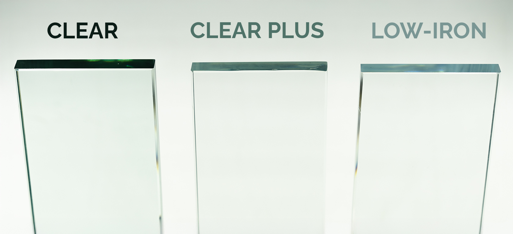 Clear, Clear Plus, and Low-Iron shower door glass comparison