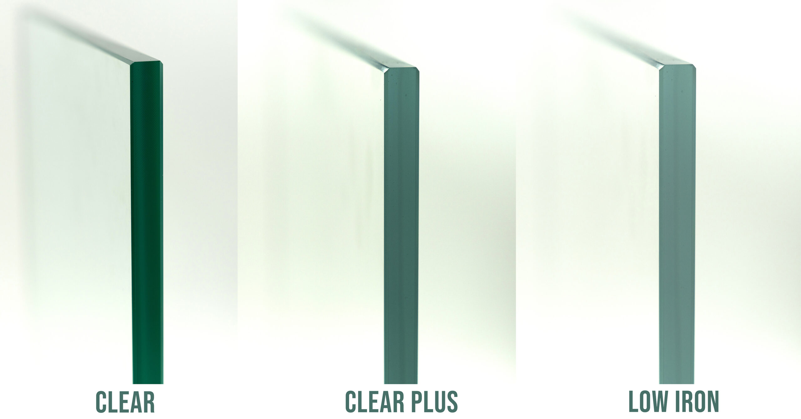 Clear, Clear Plus, and Low-Iron shower door glass viewed from the side, highlighting the coloration differences on the edges of each glass type