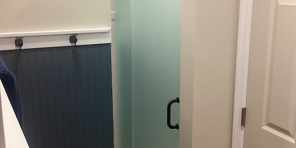 small-hallway-bathroom-glass-shower-door-berkeley-springs-wv Small hallway bathroom shower door and panel with acid etch glass