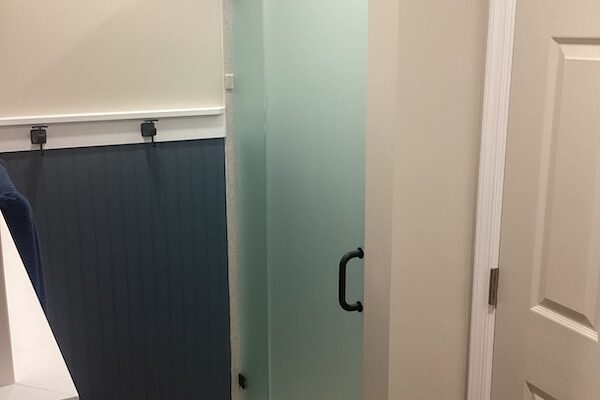 Small hallway bathroom shower door and panel with acid etch glass